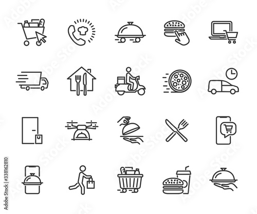 Vector set of food delivery line icons. Contains icons food basket, online order, food at home, contactless delivery, fast food, courier, restaurant at home and more. Pixel perfect.