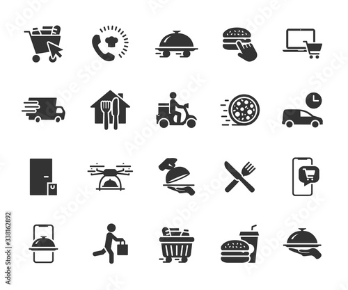 Vector set of food delivery flat icons. Contains icons food basket, online order, food at home, contactless delivery, fast food, courier, restaurant at home and more. Pixel perfect.
