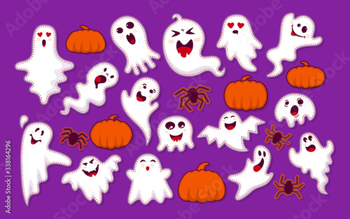 Ghost  pumpkin  spider patch cartoon set. Halloween collection cute and scary ghostly monsters. stripe joyful spooky or funny comic character layered stitched. Comic 80s-90s style. Vector illustration