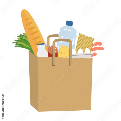 Shopping bag full of food and drinks. Food Delivery Concept. There is a bread, a bottle of milk, water, sausage, cheese, spaghetti, eggs and green onions in the picture. Vector illustration on a white