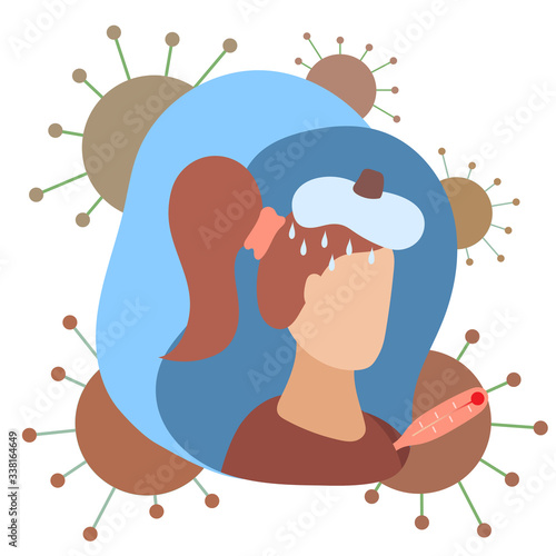 Person carries an infection and infects everyone. Symptoms of infection and disease in humans. People afraid to get infected of a coronavirus, COVID-19, 2019-ncov. Vector flat cartoon illustration.