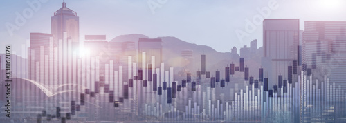 Trading investment chart graph city skyline view double exposure website panoramic header banner.