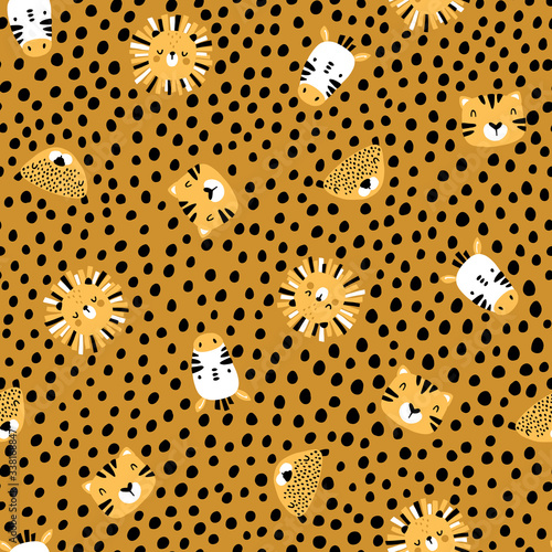 Africa Seamless pattern with cute animals faces. Childish print for nursery in a Scandinavian style. For baby clothes, interior, packaging. Vector cartoon illustration in pastel colors