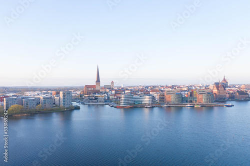panorama of rostock, view over the river warnow, early monring hours