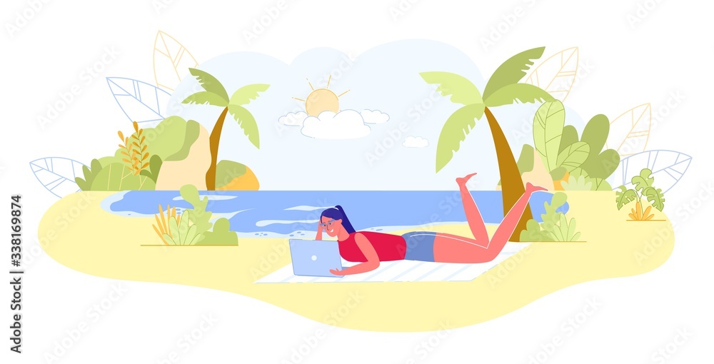Girl Blogger Rest on Tropical Beach with Laptop.