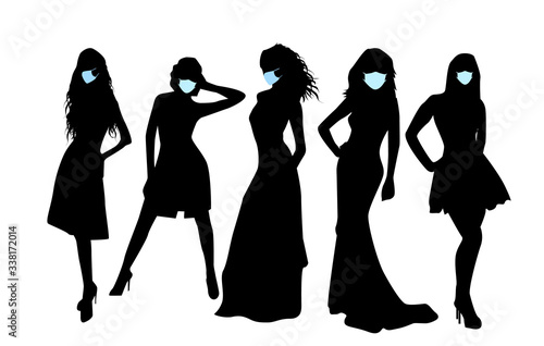 Set of silhouettes of beautiful girls in medical masks. Respiratory protection concept. Podium. Vector illustration
