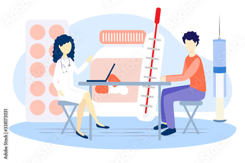 Online doctor vector illustration. Flat tiny medical help persons concept. Distance internet emergency support. Professional diagnosis and treatment service. Patient illness communication technology