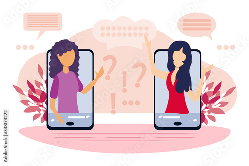 Two friends women gossip and secretly spread private news. Whispers on the phone and discuss rumors. Conceptual modern and simple vector illustration, two isolated adult woman interacts photo