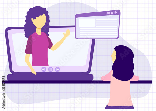 Online courses vector illustration. Flat person learn virtual concept. Modern knowledge development using internet training, teaching. Webinar and distance lesson service. Web presentation video