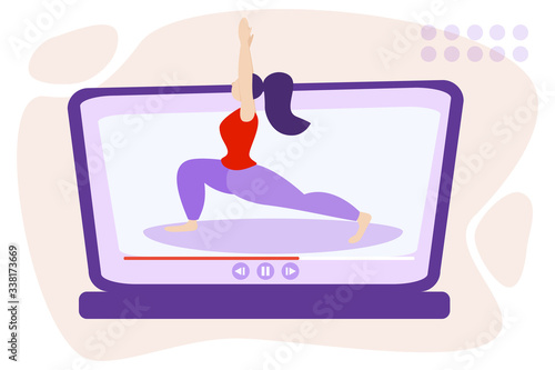 Online yoga relaxation techniques vector illustration. Female person sitting in yoga lotos position and enjoy calm, harmony and peace. Alternative medicine for vitality or healthy lifestyle and soul f