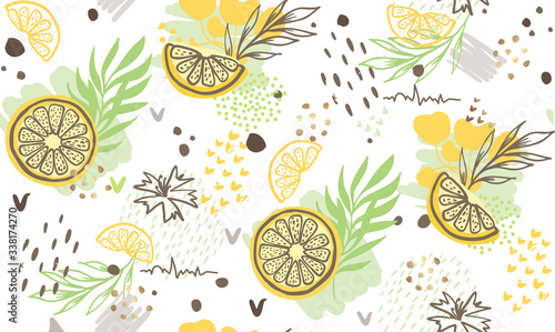Seamless exotic pattern with tropical plants and gold elements. Vector hand draw