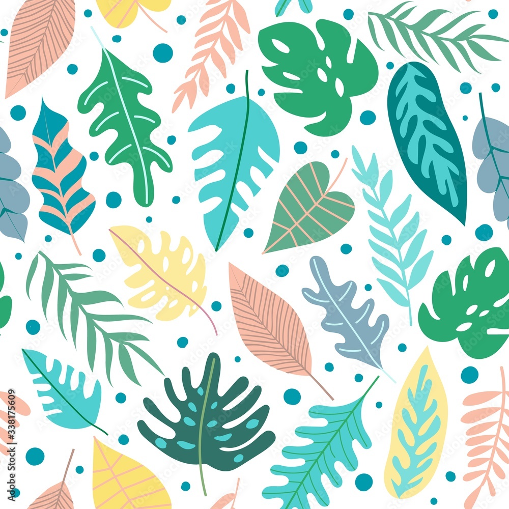 Seamless pattern with abstract tropical jungle leaves. Collection of trendy  foliages. Cartoon vector illustration Stock Vector | Adobe Stock