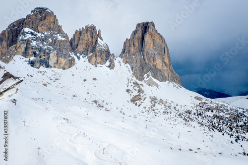 Wallpaper Mural Top of the cliff in the fog. Dolomiti mountain landscape at a ski resort Campitello di Fassa Italy. Torontodigital.ca