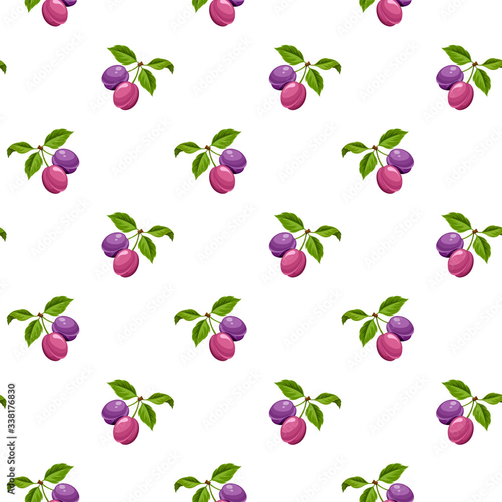 Vector seamless pattern with branches of plums on a white background. Vector seamless pattern with branches of plums on a white background.