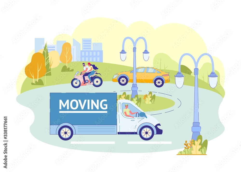 Truck With Words Moving Rides Around City, Slide. Truck With Words Moving Rides Around City, Slide.