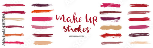Swatches brush strokes makeup. Isolater Lipstick strokes for color presentation. Beauty collection swatches. Cosmetic nude brush stains smear make up lines set. Vector illustration