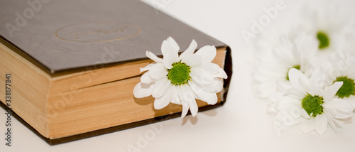 old book on the table with white flowers