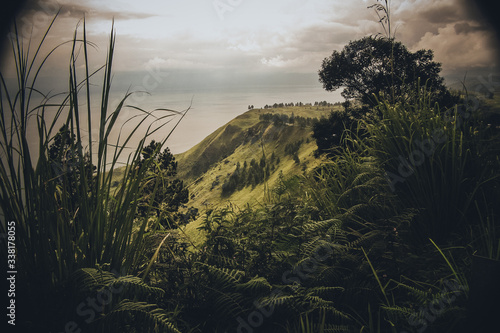 Dramatic panorama of lake Toba on the island of Sumatra, Indonesia, wieved from the road towards Medan on a cloudy day. Trees in the foreground, lake in the background photo