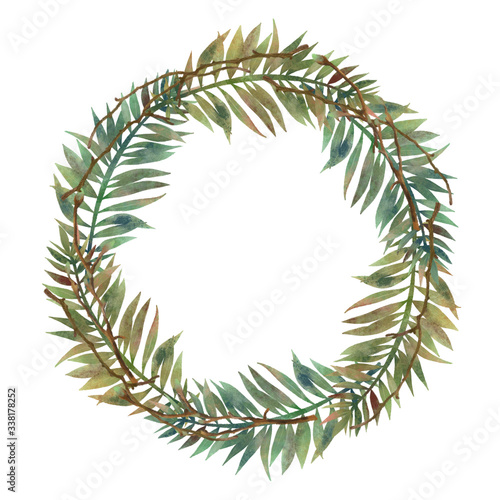 Wreath of hand drawn green fern leaves and tree branches on white background
