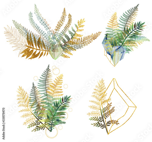 Collection of hand drawn sunny fern branches and watercolor crystals, isolate...