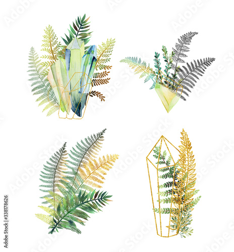 Collection of hand drawn sunny fern branches and watercolor crystals, isolate...