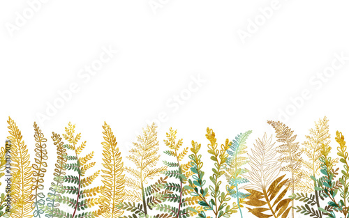 Golden floral seamless border, card template with hand drawn golden fern leav...