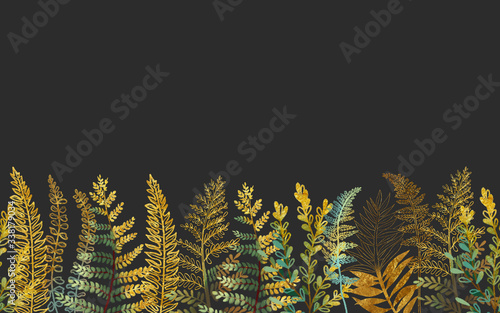 Golden floral seamless border, card template with hand drawn golden fern leav...