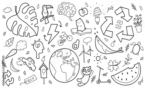Hand drawn vector illustration of a set of ecology concepts, designs, and icons in doodle style.