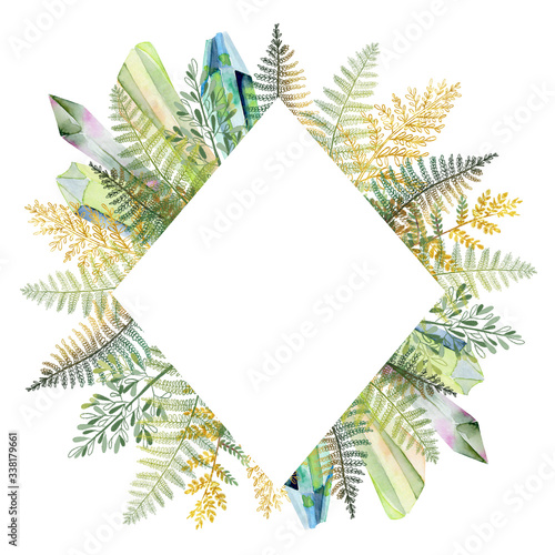Diamond frame border with hand drawn green and golden tropical fern leaves an...