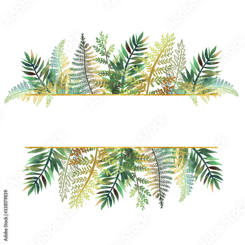 Golden frame border with hand drawn green and golden tropical fern leaves on ...
