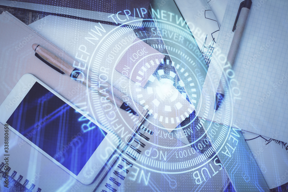 Obraz premium Multi exposure of technology theme drawing over work table desktop. Top view. Global data analysis concept.