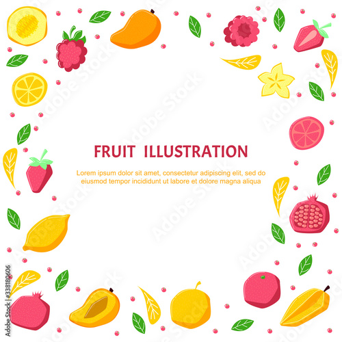 Fruits vector illustration. Cooking ingredients with text space. Cooking courses poster concept with copyspace. Recipe cartoon template. Style summer cafe menu  banner  cookbook page