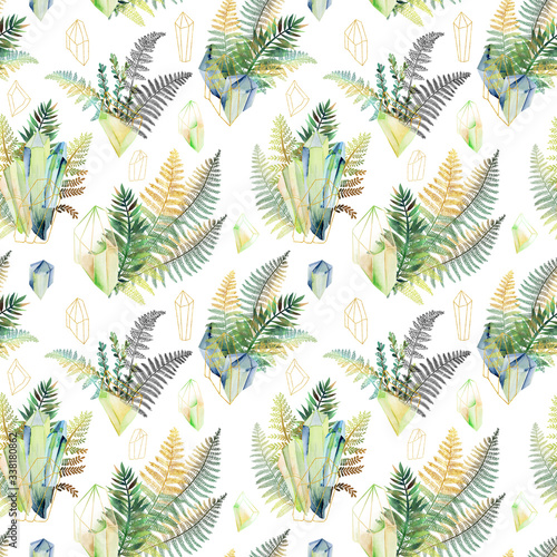 Seamless pattern with hand drawn green and golden fern leaves and watercolor ...