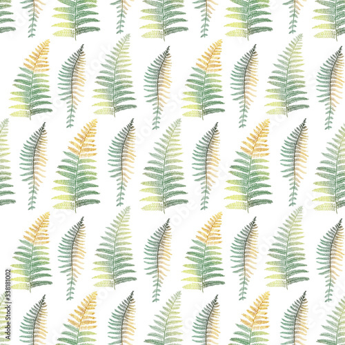 Seamless pattern with hand drawn green and golden fern branches on white back...