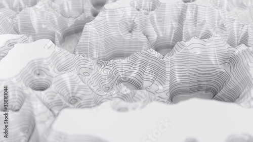 White three-dimensional topographic map. Contour lines on a topographic map. Studying the geography of the area: hills, mountains and plains. Cartography concept background, 3d illustration