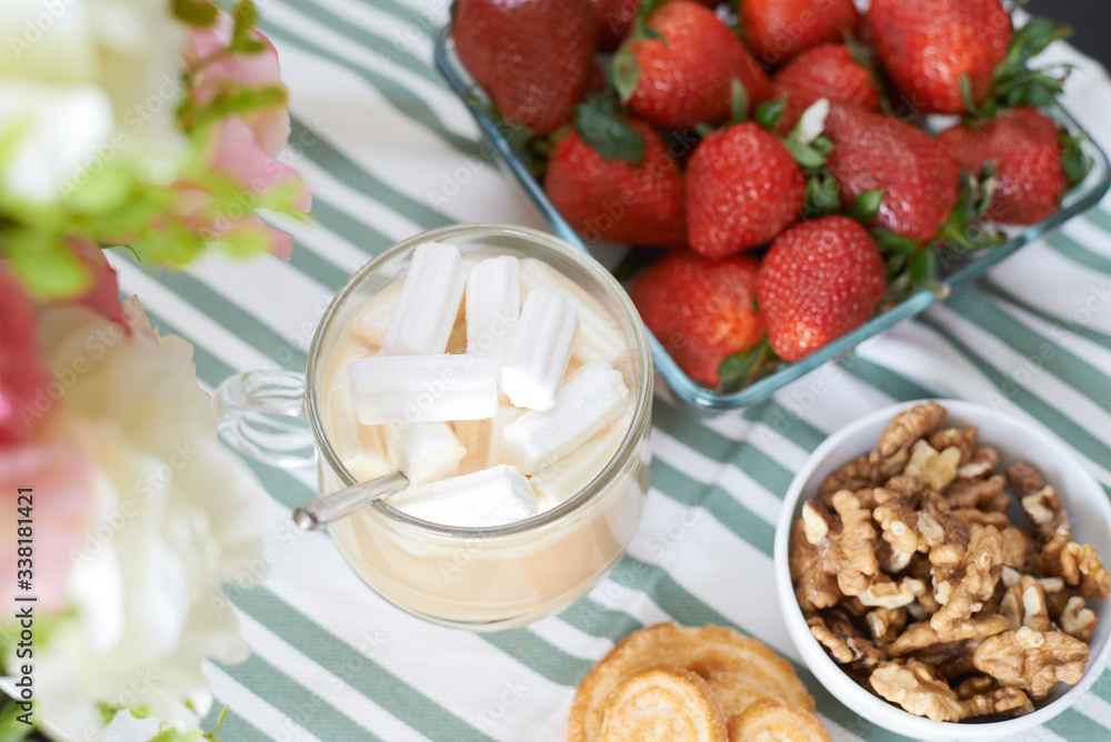 breakfast, dessert, strawberries, coffee and walnut