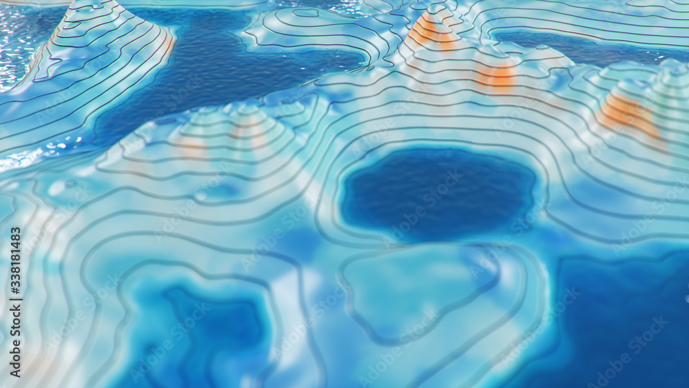 Topographic 3D map with water. Contour lines on a topographic map ...