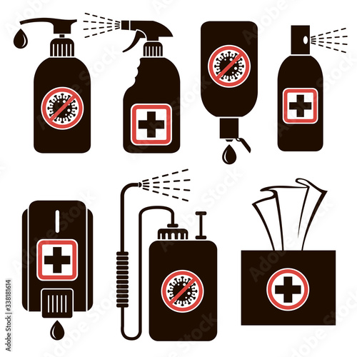 collection of sanitizer bottles, washing gel, spray, wet wipes, liquid soap against coronavirus isolated on white background