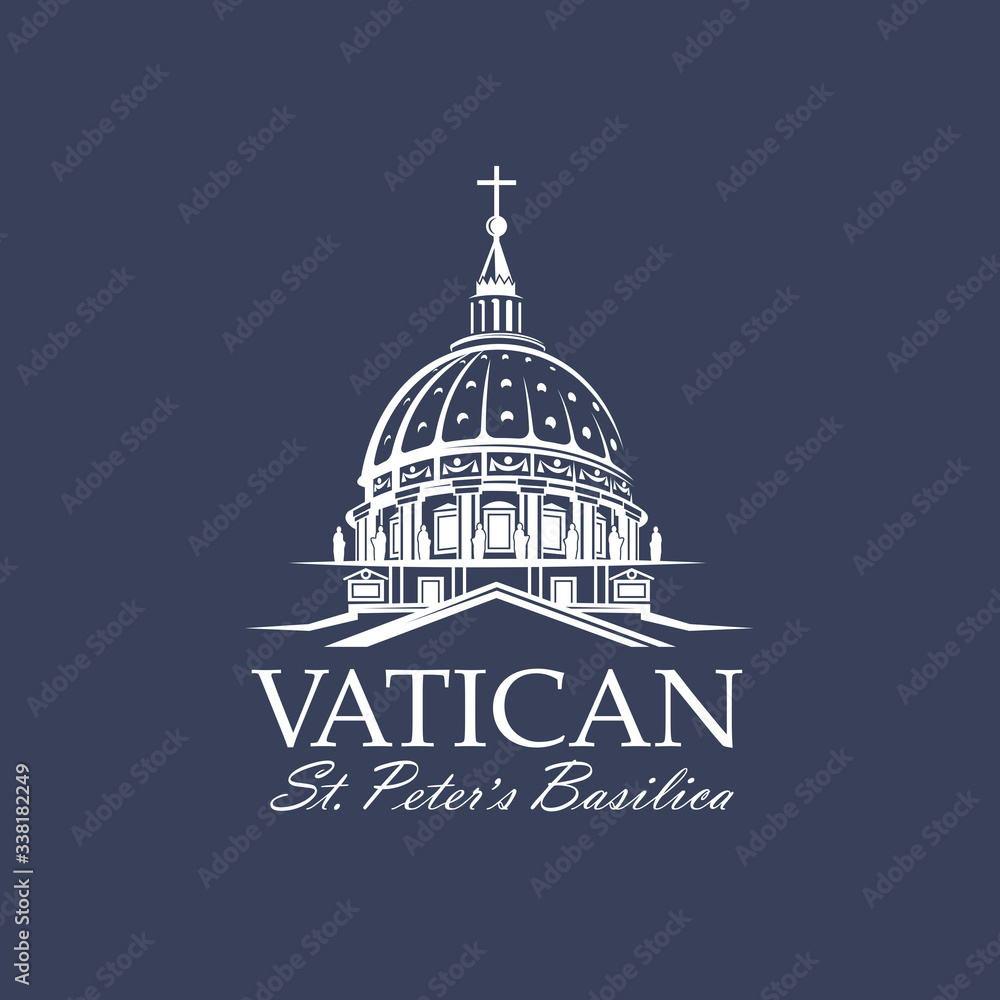white icon of Saint Peters Basilica at Vatican isolated on blue background