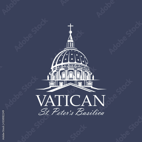 white icon of Saint Peters Basilica at Vatican isolated on blue background