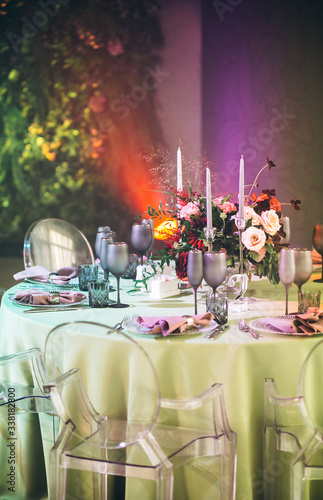 Wedding table decoration luxury style in mint colors with flowers