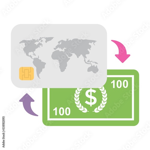 Credit Card and Cash icon in flat style. Bank card and money banknote icon. Finance, payment concept. Atm card, ecommerce sign. Online payment symbol for perfect web and mobile app designs.