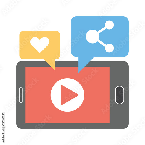 Viral video content icon. Likes, shares and comments popping up on the mobile screen. Video content for millennials. Flat icon design.