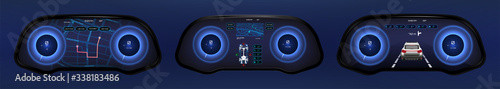 Automobile dashboard, with speedometers and tachometers, GPS navigation, machine sensors and 3d protection auto. Futuristic panel auto with modern interface. Car dashboard set. Vector illustration 
