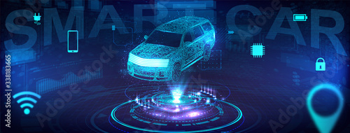 Smart Auto Banner. Electric machine. Autonomous car vehicle with infographic. Autonomous car with icons. Smart 3D Crossover with polygonal lines. Vector hologram IOT electric machine. Vector 