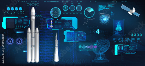 Space Station Command Center. Spacecraft launch in HUD style. Cockpit interface with 3D models rockets and elements (Radars,  Spaceships, Antenna, Satellite and HUD interface) Sky-fi dashboard. Vector