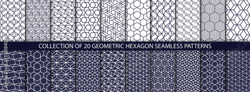 Collection of geometric seamless patterns. Abstract geometric hexagonal textures. Seamless vector monochrome backgrounds.