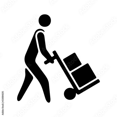 Delivery man pushing a cargo hand truck. Flat icon design.