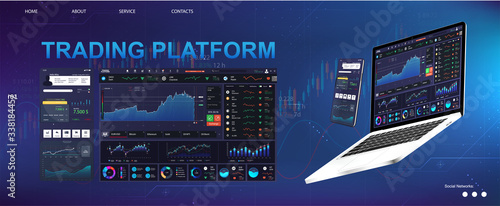 Trade platform UI dashboard design. The concept of a universal application with cryptocurrency and finance (Binary option, forex market) App for online trading, laptop and smartphone. Vector dashboard