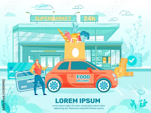 Delivery Man near Car with Paper Bag on Roof.